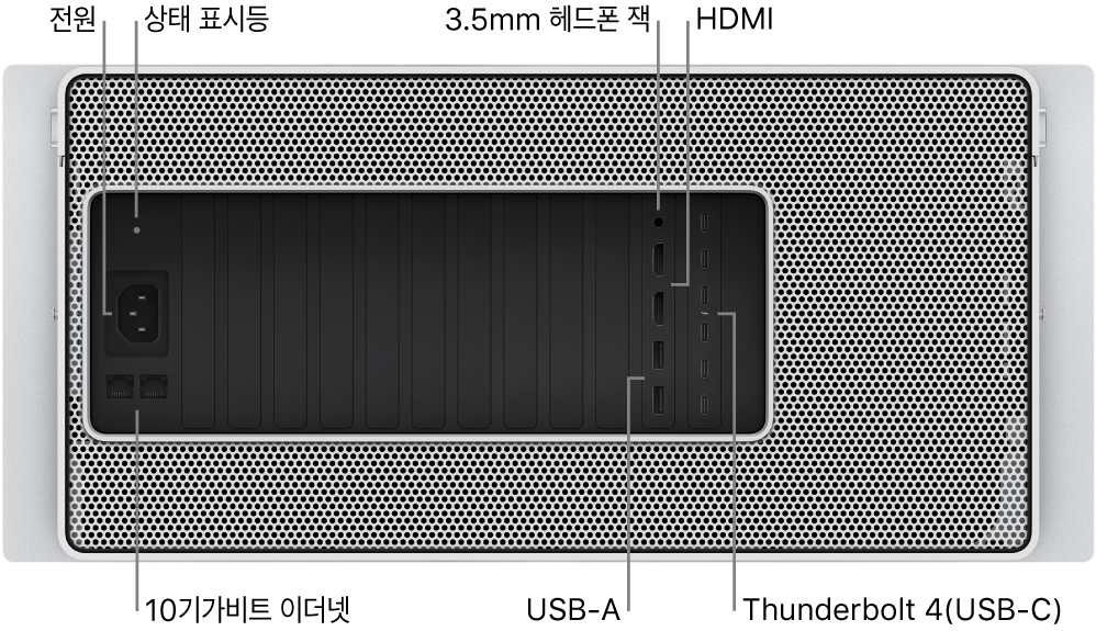 전원 포트, 상태 표시등, 3.5mm 헤드폰 잭, HDMI 포트 두 개, Thunderbolt 4(USB-C) 포트 여섯 개, USB-A 포트 두 개 및 10Gbit 이더넷 포트 두 개가 보이는 Mac Pro의 뒷면.