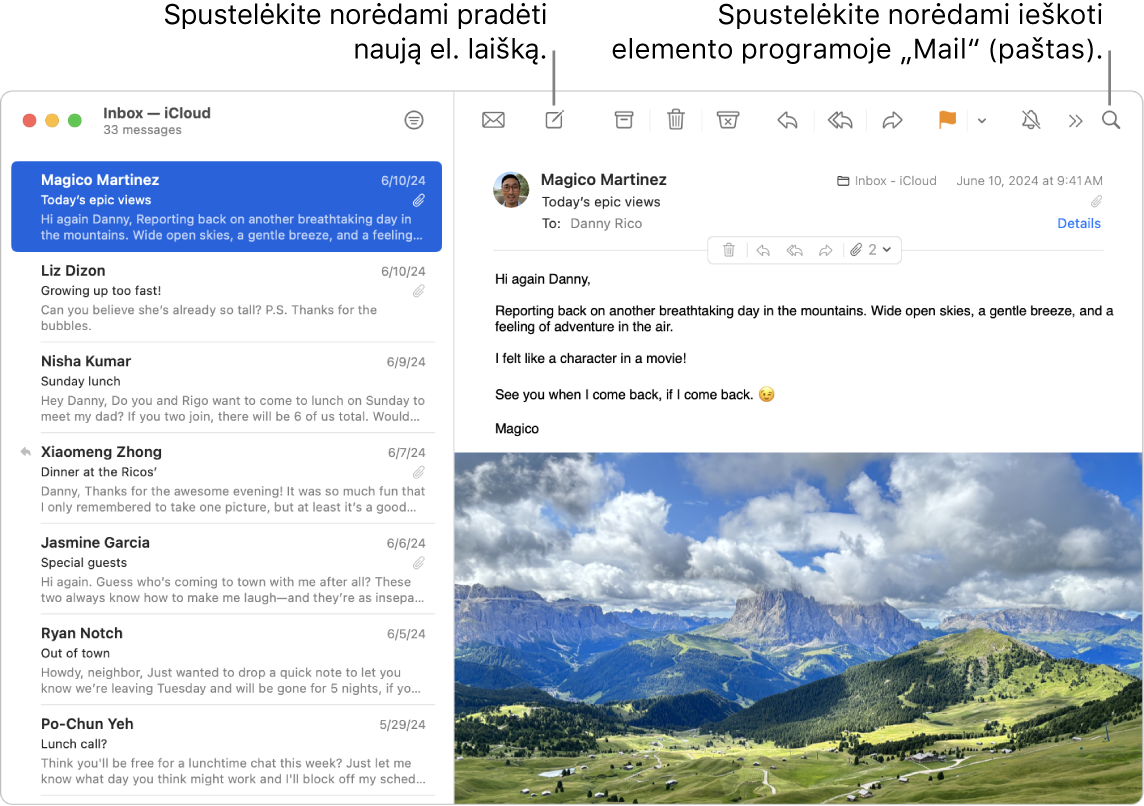 Programos „Mail“ (paštas) langas, kuriame šalia šoninės juostos rodomas laiškų sąrašas, o dešinėje – pasirinkto laiško turinys. Paaiškinimų figūra nurodo paieškos lauką.