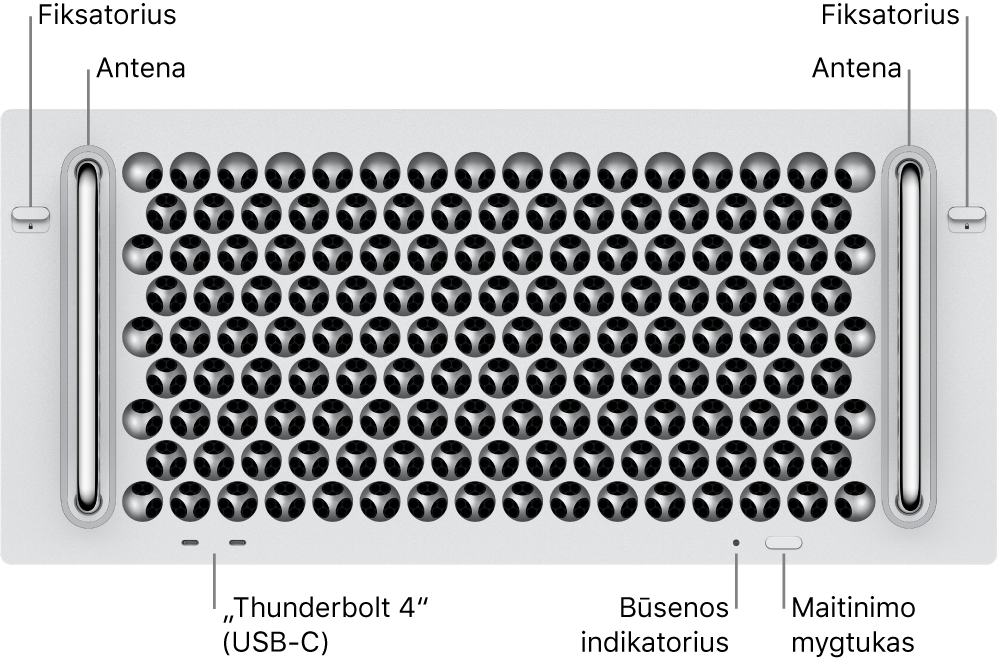 „Mac Pro“ priekyje rodomi du skląsčiai, dvi antenos, maitinimo mygtukas, būsenos lemputės indikatorius ir du „Thunderbolt 4“ (USB-C) prievadai.