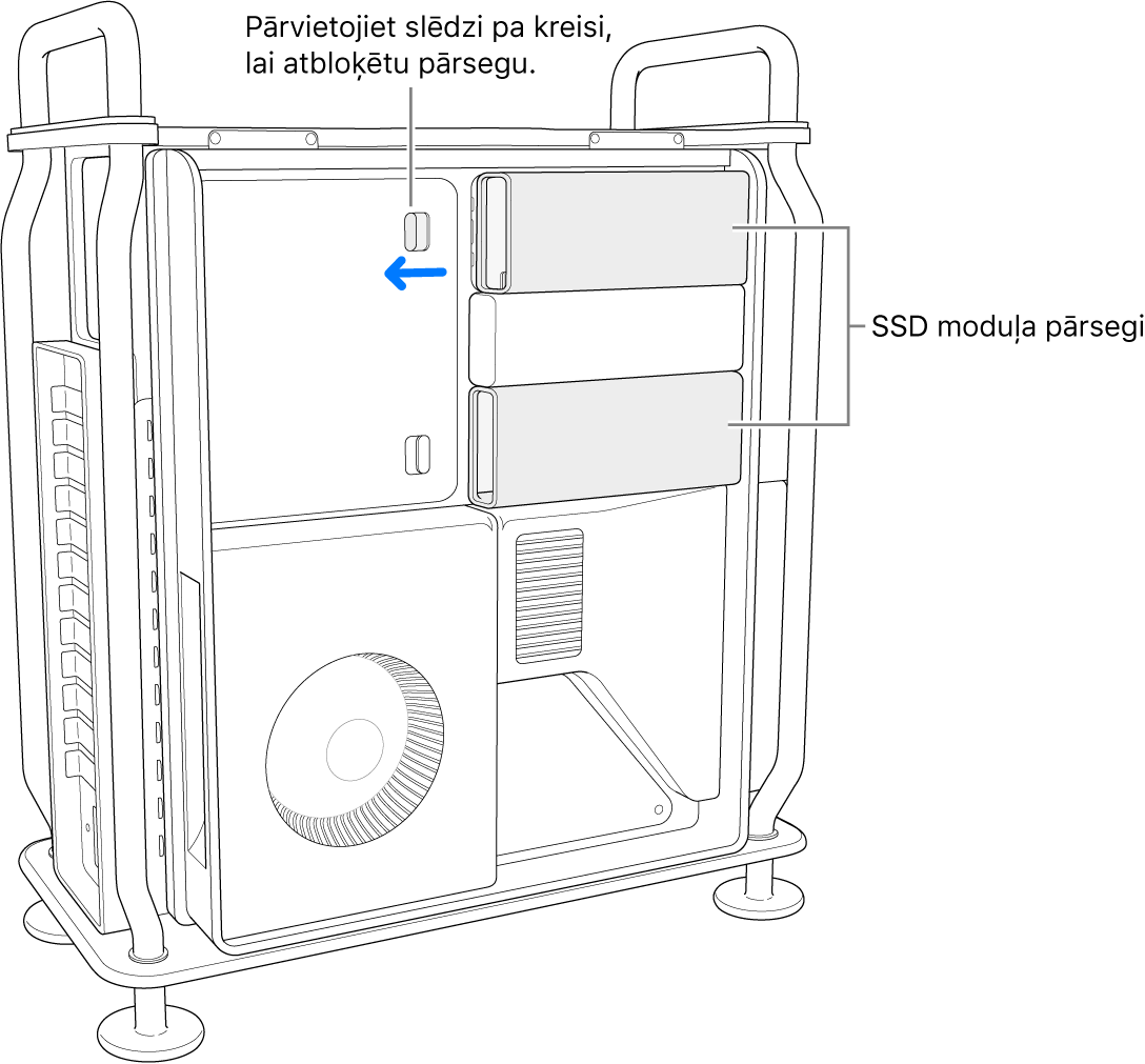 Slēdzis tiek pārvietots pa kreisi, lai atbloķētu SSD pārsegu.