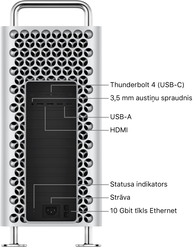 Skats uz Mac Pro datoru no sāna, kur redzami seši Thunderbolt 4 (USB-C) porti, 3,5 mm austiņu ligzda, divi USB-A porti, divi HDMI porti, statusa indikators, strāvas ports un divi 10 Gbit Ethernet porti.