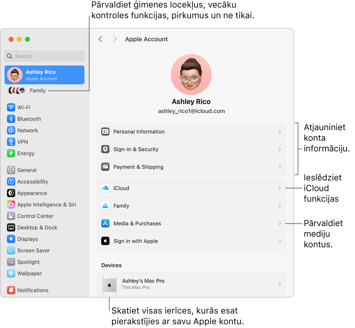 Apple konta iestatījumi izvēlnē System Settings ar remarkām, lai atjauninātu konta informāciju, ieslēgtu vai izslēgtu iCloud funkcijas, pārvaldītu sociālo tīklu kontus un skatītu sadaļu Family, kur varat pārvaldīt ģimenes locekļu kontus, vecāku kontroles funkcijas, pirkumus un ne tikai.