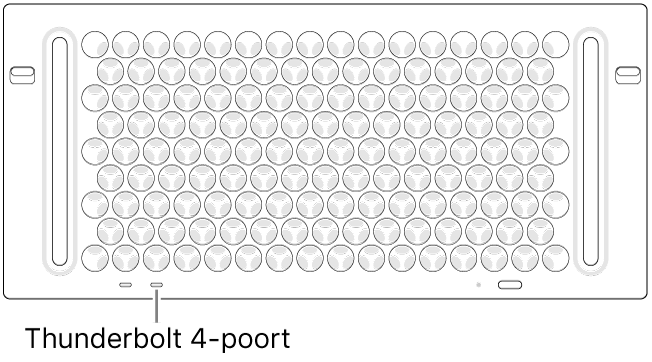 De bovenkant van de Mac Pro, waarbij wordt aangegeven welke Thunderbolt 4-poort moet worden gebruikt.