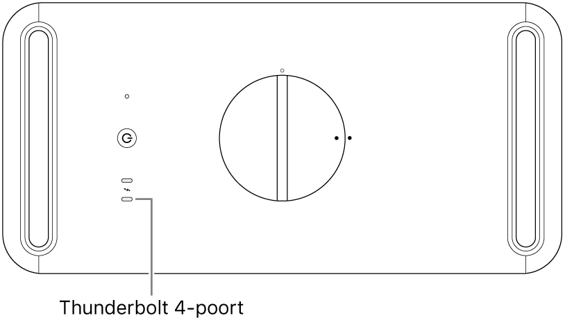 De bovenkant van de Mac Pro, met een bijschrift voor de juiste Thunderbolt 4-poort die moet worden gebruikt.