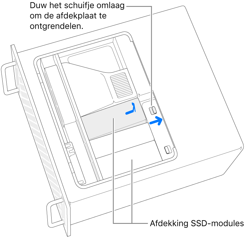 Het naar rechts schuiven van het schuifje om de SSD-afdekking te ontgrendelen.