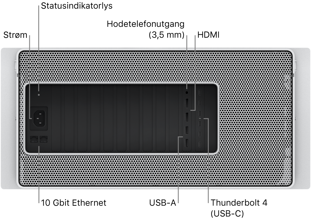 Baksiden av Mac Pro, som viser strømporten, et statuslys, 3,5 mm hodetelefonutgang, to HDMI-porter, seks Thunderbolt 4-porter (USB-C), to USB-A-porter og to 10 Gigabit Ethernet-porter.