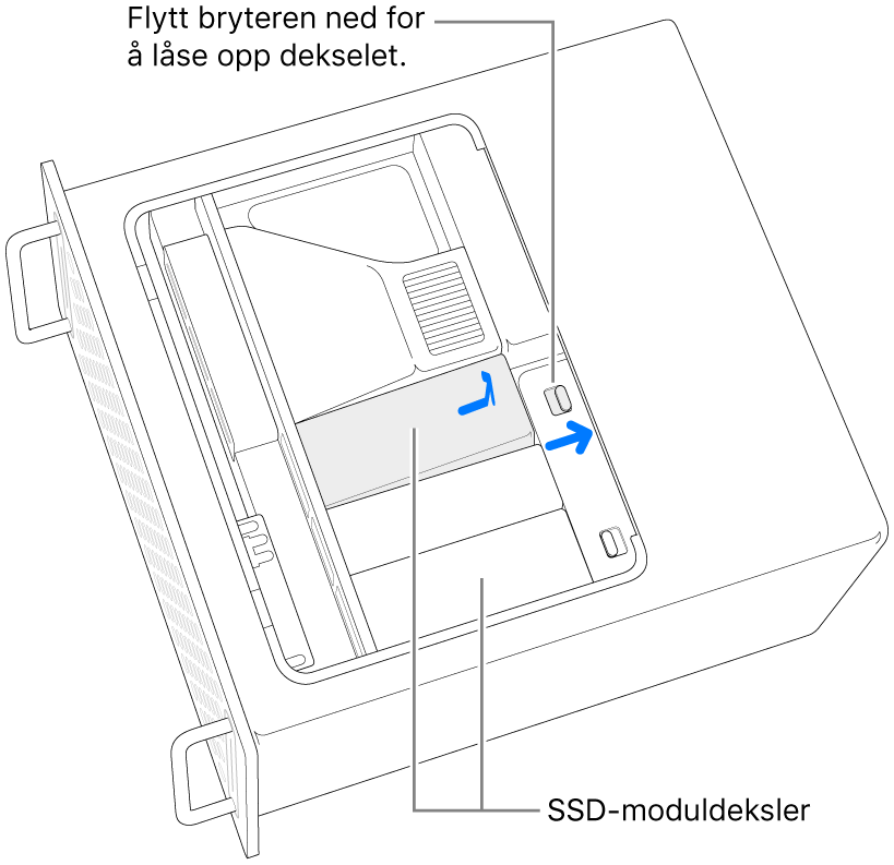 Bryteren flyttes mot høyre for å låse opp SSD-dekselet.