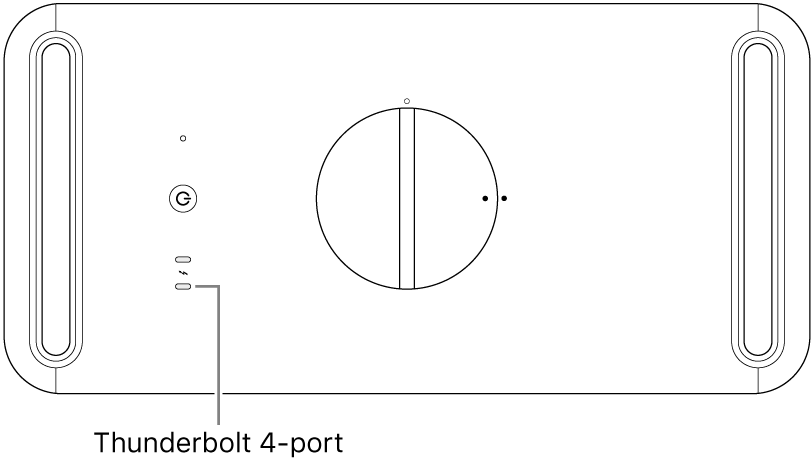 Oversiden av Mac Pro, med en bildeforklaring for hvilken Thunderbolt 4-port som skal brukes.