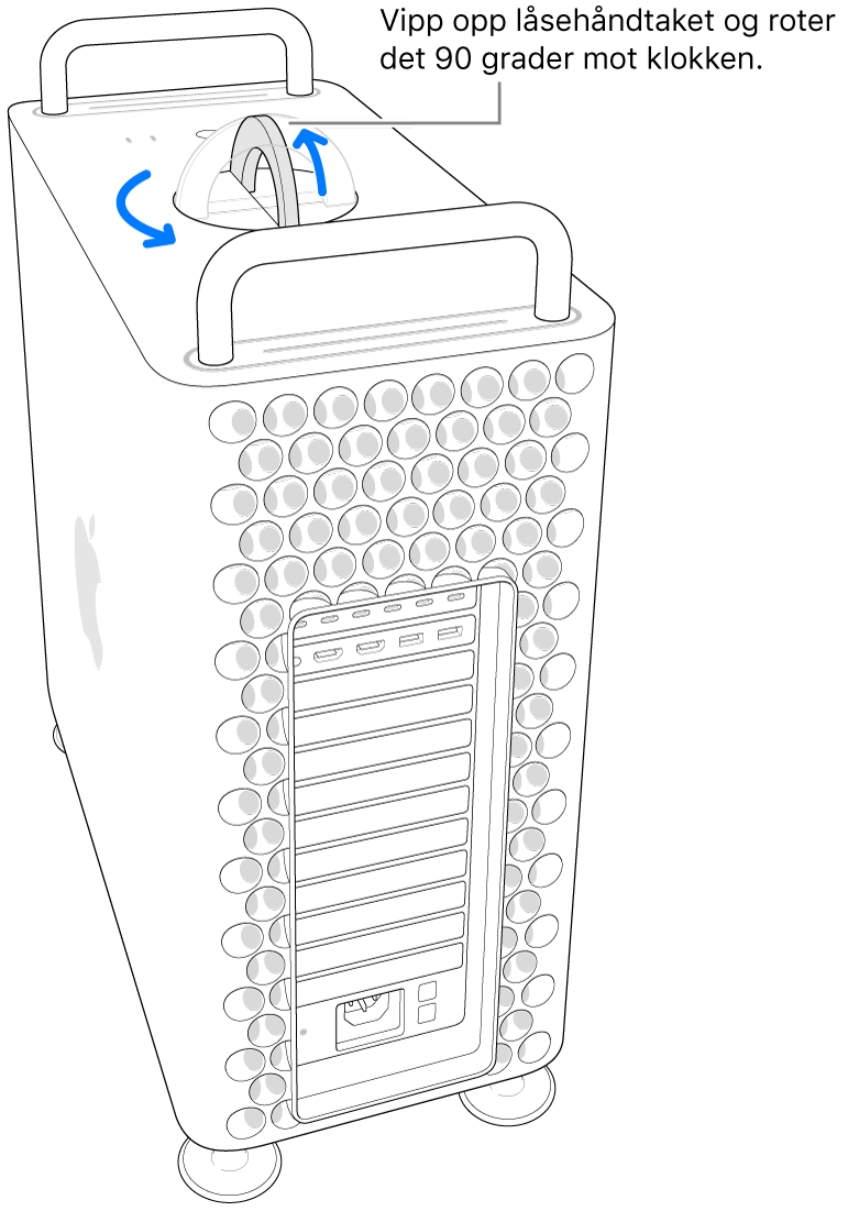 Det første trinnet er å fjerne datamaskinens kabinett ved å løfte låsehåndtaket og vri det 90 grader.