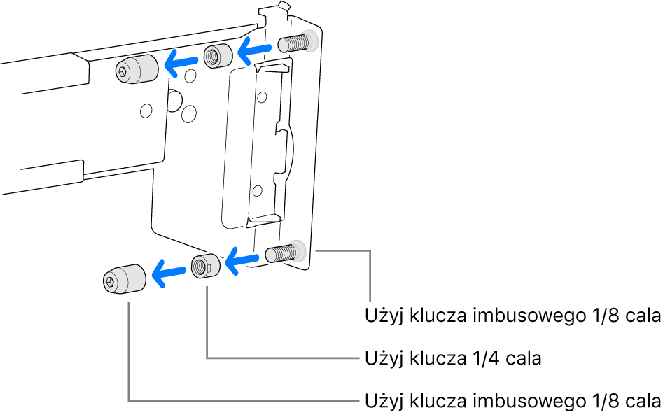 Szyny montażowe pasujące do szafy serwerowej z otworami gwintowanymi.