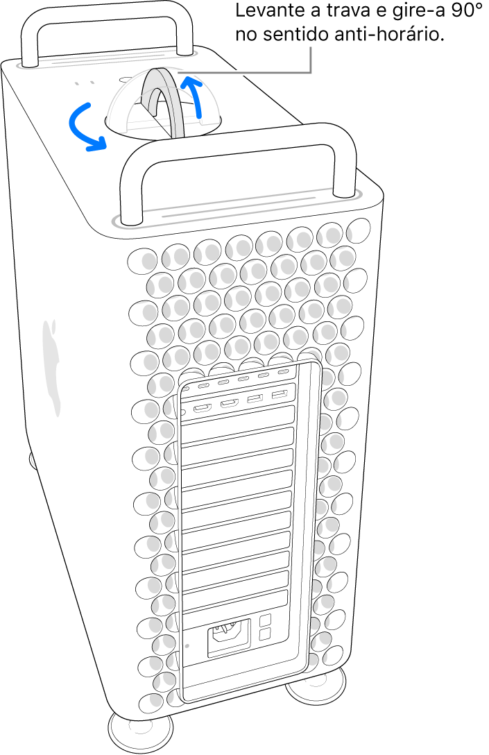 Primeiro passo para remover o gabinete do computador: levantar a trava e girá-la em 90 graus.