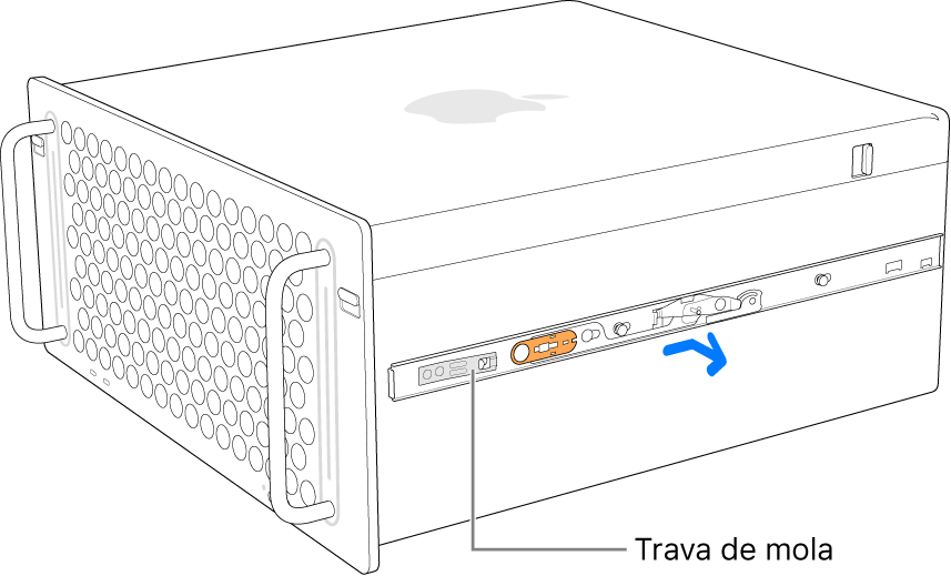 Um trilho sendo desprendido da lateral do Mac Pro.
