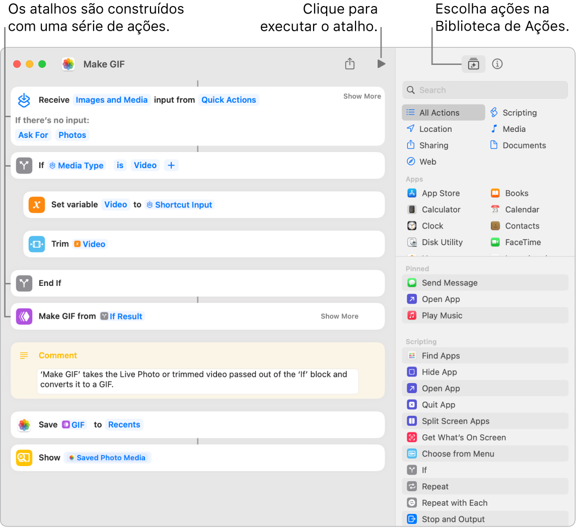 O editor do atalho Criar GIF à esquerda e a Biblioteca de Ações à direita.