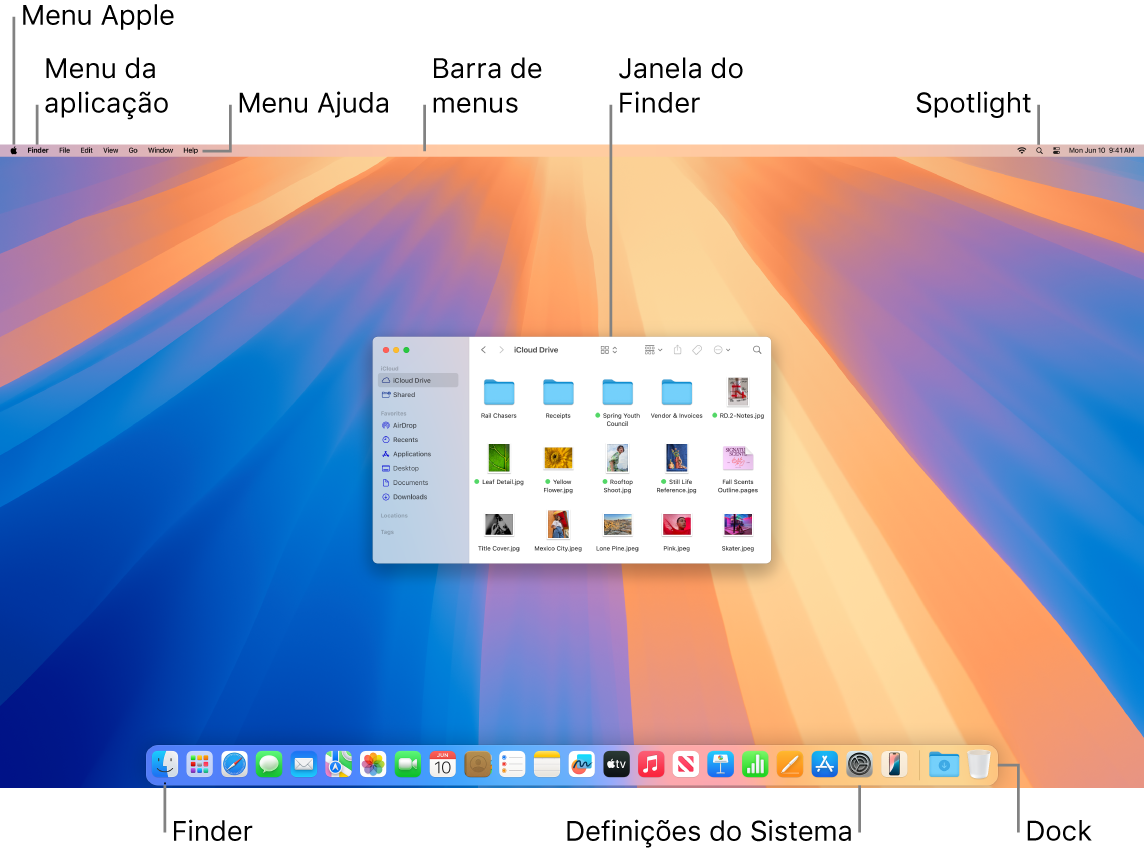 Ecrã do Mac que mostra o menu Apple, o menu da aplicação, o menu Ajuda, a barra de menus, uma janela do Finder, o ícone do Spotlight, o ícone do Finder, o ícone das Definições do Sistema e a Dock.