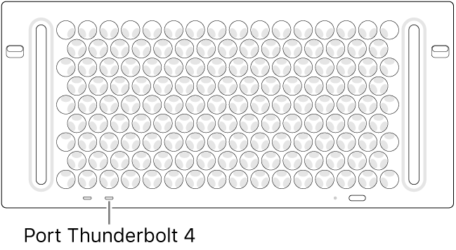 Partea de sus a Mac Pro-ului, indicând portul Thunderbolt 4 corect pentru utilizare.