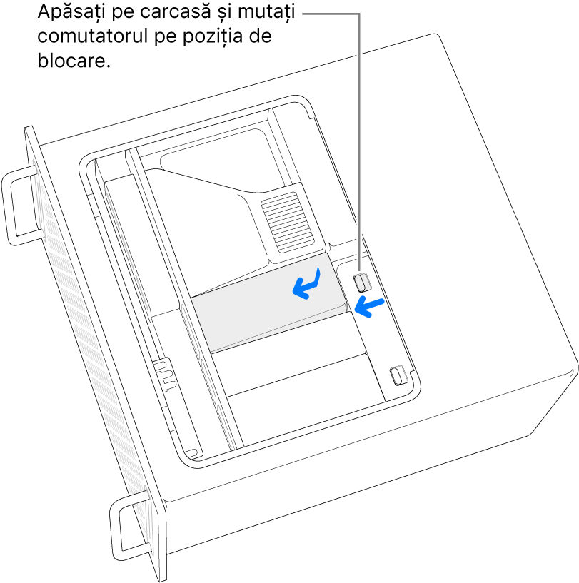 Reinstalarea capacelor de la SSD prin mutarea comutatorului de blocare spre stânga și apăsarea pe capacul de la SSD.