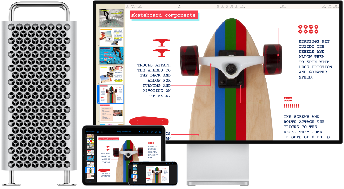 Одни и те же материалы на экранах Mac Pro, iPad и iPhone.