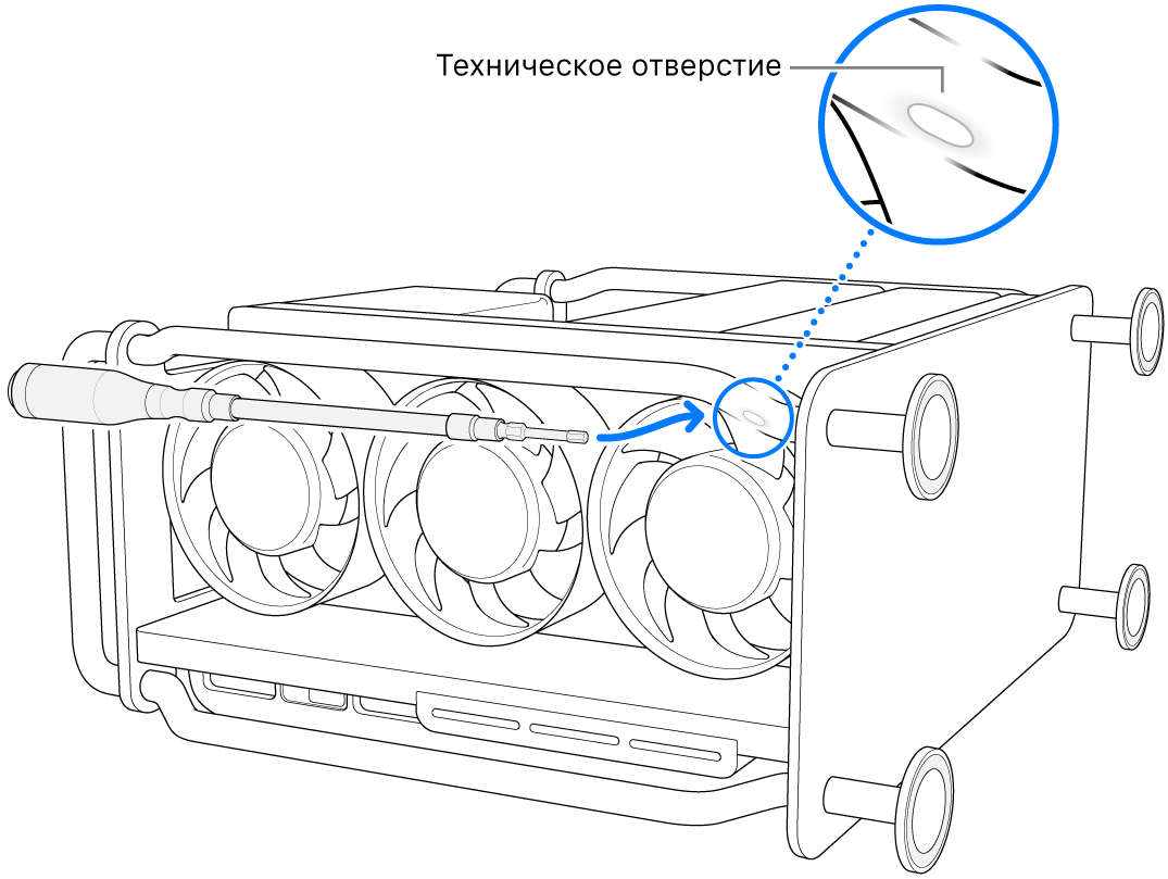 Mac Pro в горизонтальном положении. Гибкая отвертка указывает на техническое отверстие.