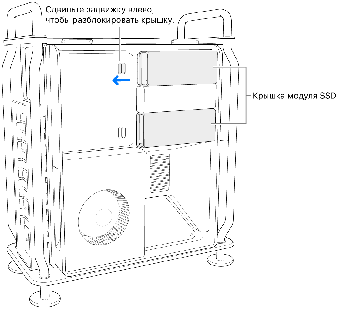 Фиксатор сдвигается влево для разблокировки крышки модуля SSD.