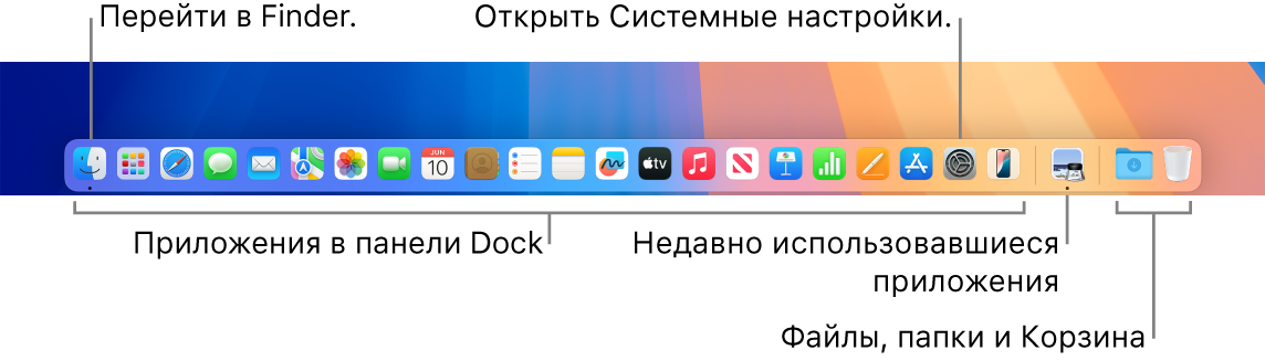 В панели Dock показаны значки Finder и Системных настроек, а также линия в Dock, отделяющая приложения от файлов и папок.