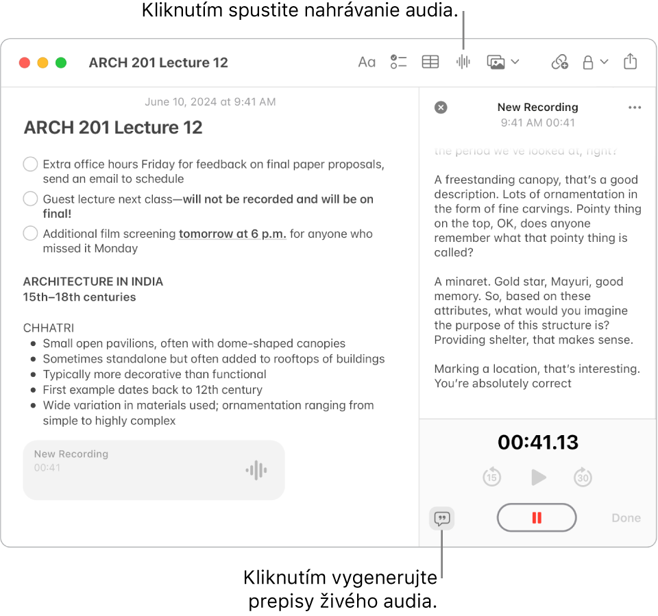 Okno apky Poznámky zobrazujúce poznámku s kontrolným zoznamom, zoznamom s odrážkami a zvukovou nahrávkou. V okne Podrobnosti audia sa zobrazuje prepis audionahrávky.