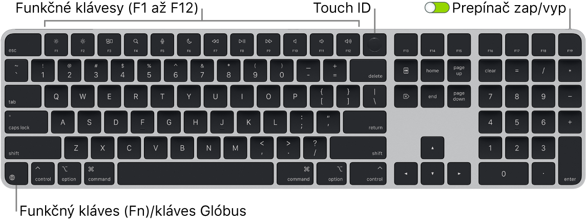 Klávesnica Magic Keyboard s Touch ID a numerickou klávesnicou, na ktorej je vidieť rad funkčných klávesov a senzor Touch ID v hornej časti a funkčný kláves (Fn)/kláves so zemeguľou vľavo dole.