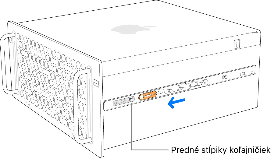 Mac Pro s koľajničkou vysunutou dopredu a uzamknutou na mieste.