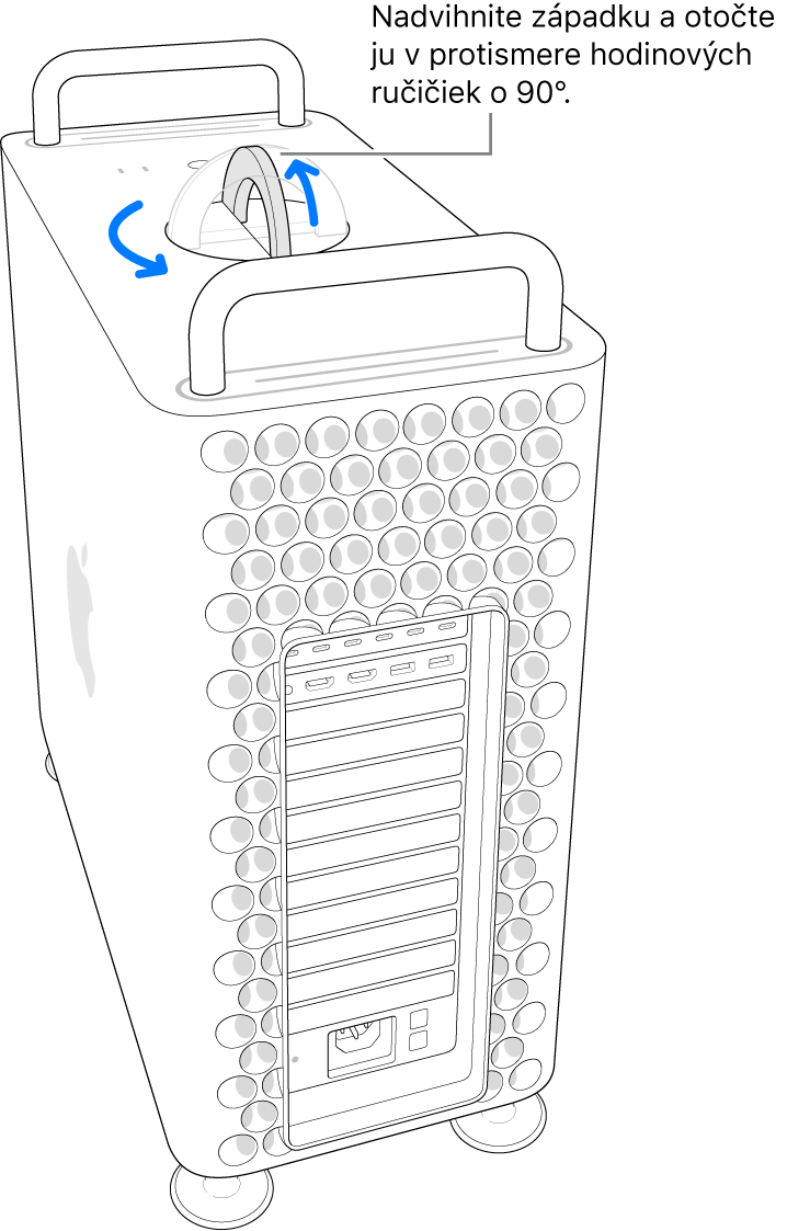 Ako prvý krok na odstránenie skrinky počítača je potrebné nadvihnúť západku a otočiť ju o 90°.