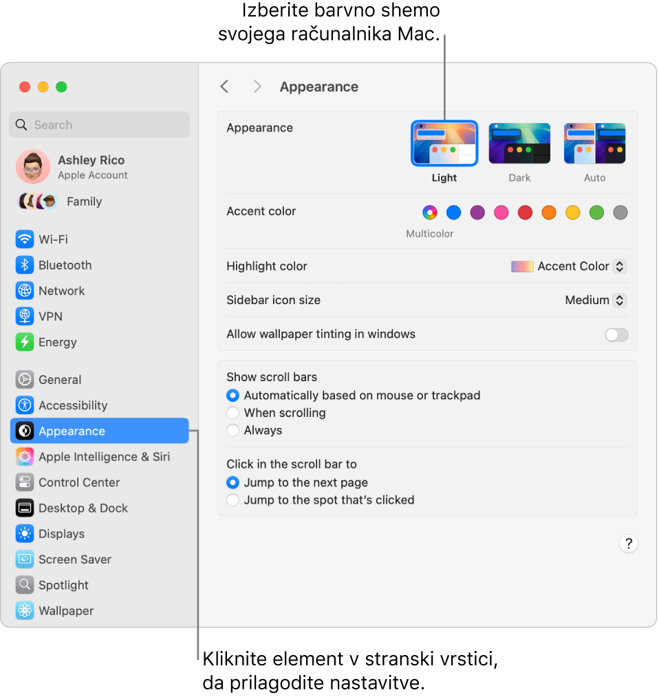 Okno Appearance v možnosti System Settings.