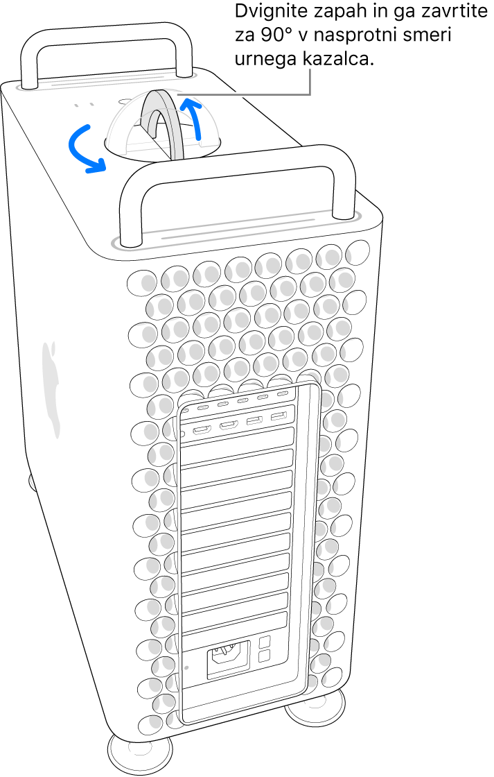Prvi korak za odstranitev ohišja računalnika je, da dvignete zapah in ga zavrtite za 90 stopinj.