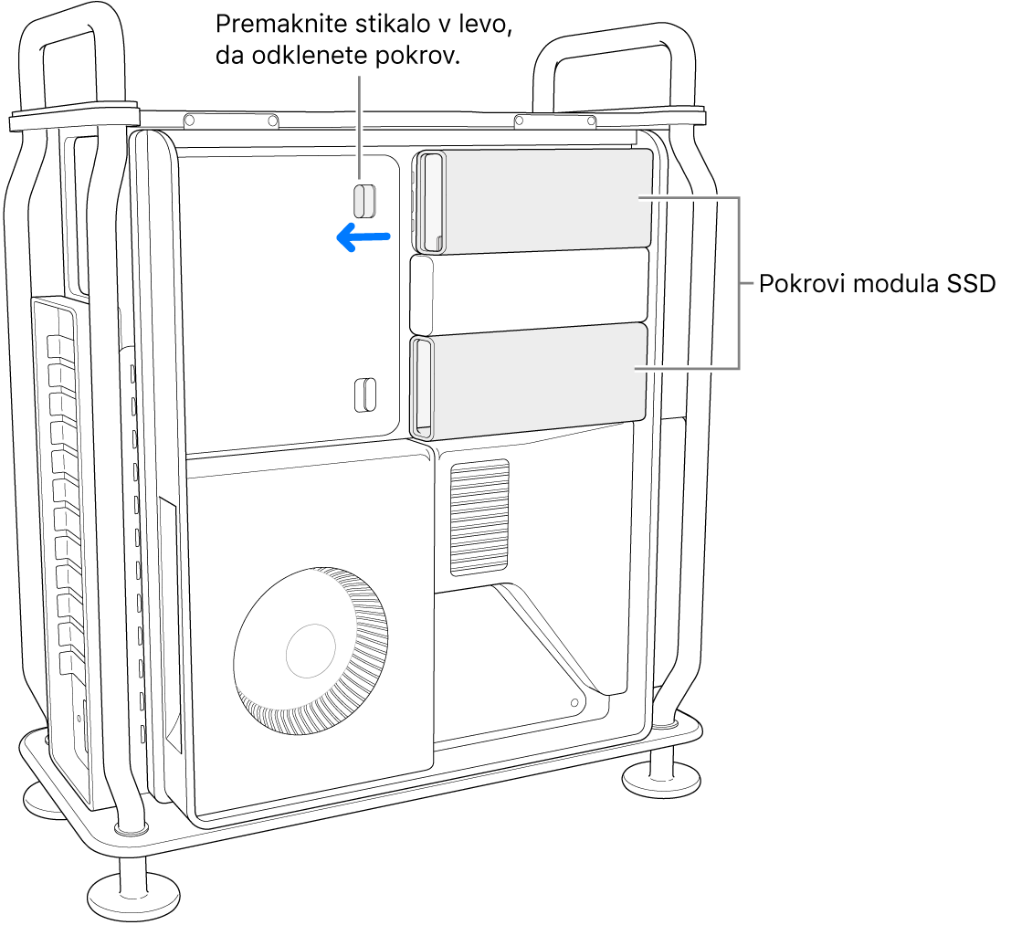 Premikanje stikala v levo, da odklenete pokrov SSD.