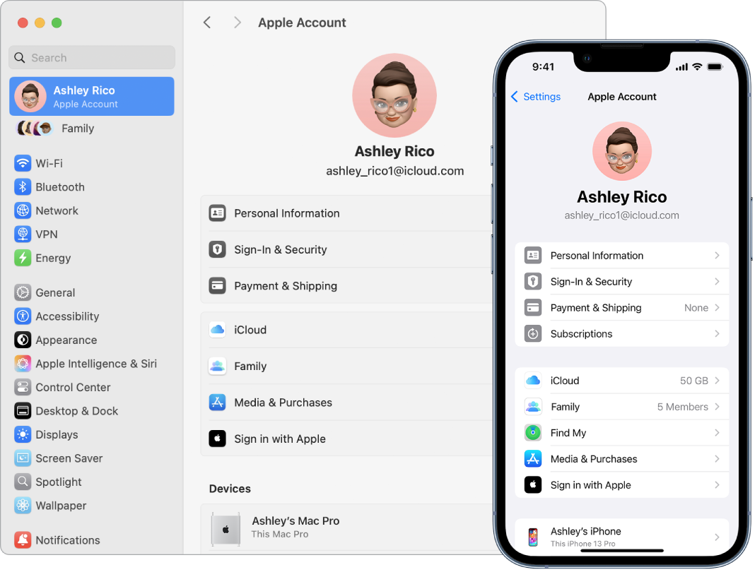 iCloud-inställningar på en iPhone och en Mac.