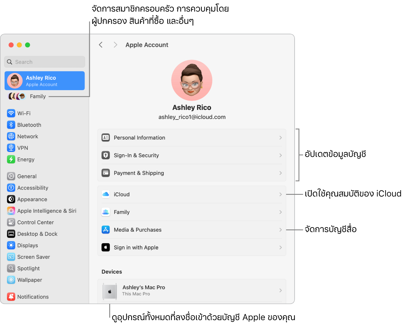 การตั้งค่าบัญชี Apple ในการตั้งค่าระบบที่มีตัวชี้บรรยายไปยังการอัปเดตข้อมูลบัญชี, เปิดใช้หรือปิดใช้คุณสมบัติ iCloud, จัดการบัญชีสื่อ และครอบครัว ซึ่งคุณสามารถจัดการสมาชิกครอบครัว การควบคุมโดยผู้ปกครอง การซื้อสินค้า และอื่นๆ ได้