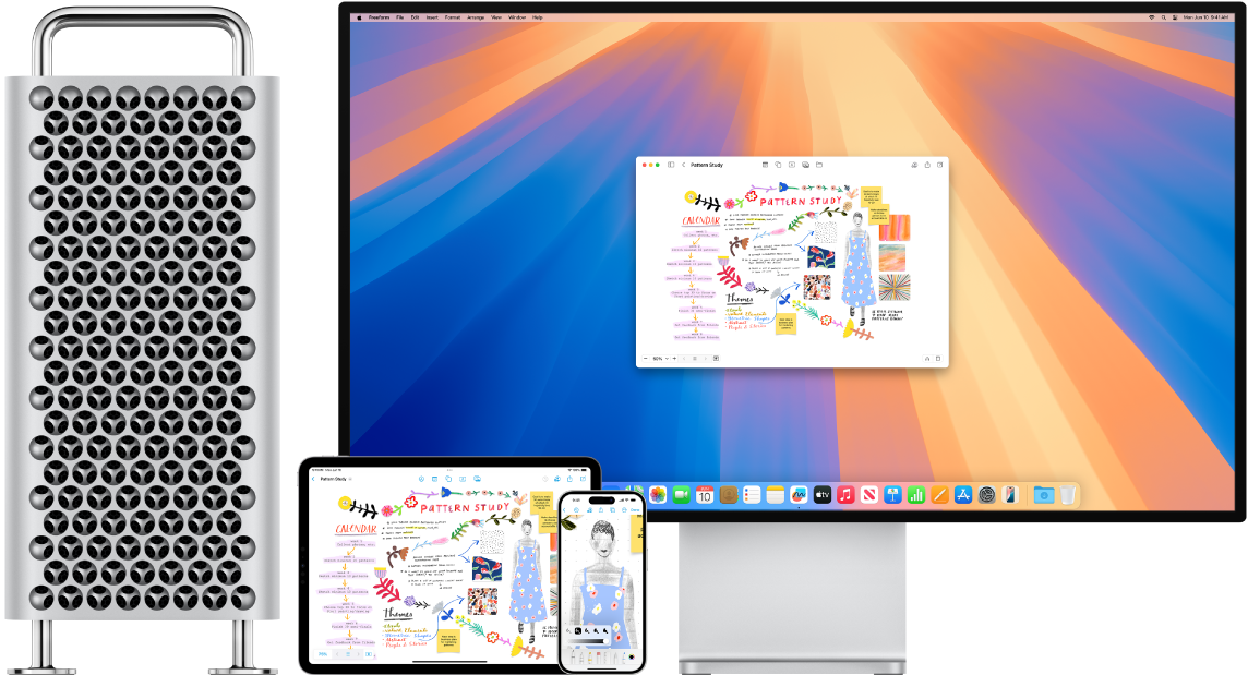 Aynı Freeform panosunu gösteren bir Mac, iPhone ve iPad.