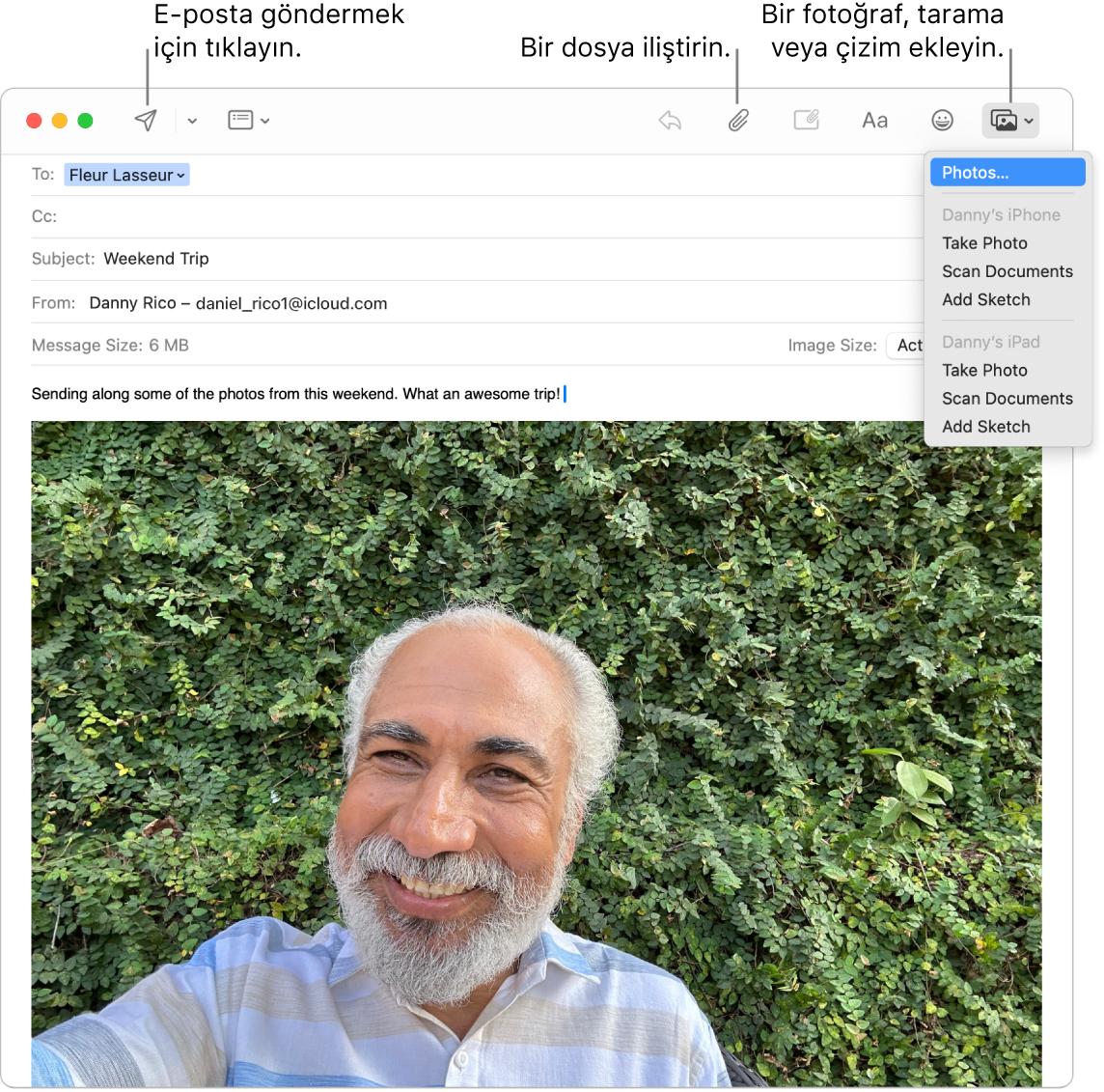 Yeni iletinin taslak hâline getirildiğini gösteren Mail penceresi. Açılır menü Murat iPhone’u veya iPad’i aygıtından fotoğraf ekleme, fotoğraf çekme, belge tarama ya da çizim ekleme seçeneklerini gösteriyor.