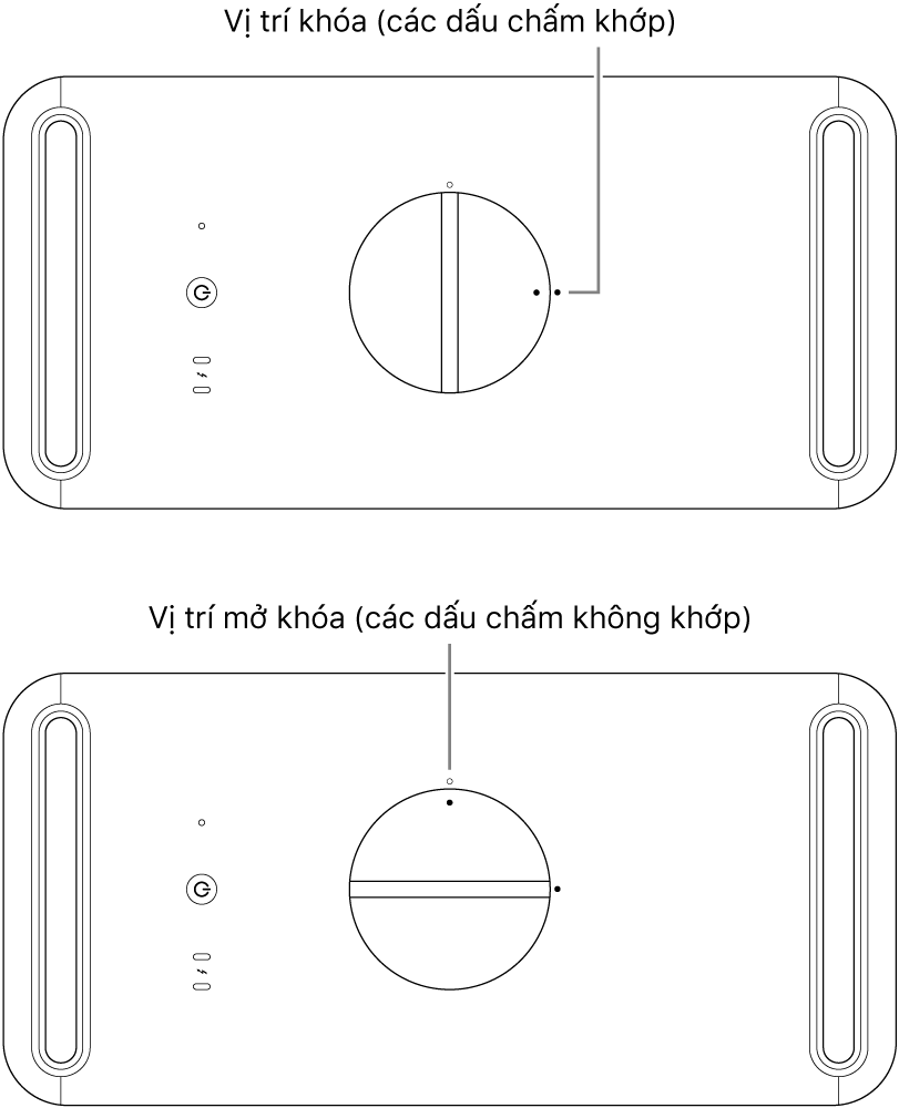 Mặt trên của vỏ máy tính đang minh họa chốt ở vị trí khóa và mở khóa.