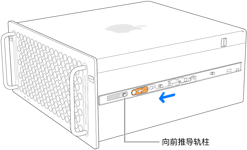 导轨向前滑动并锁定到位的 Mac Pro。