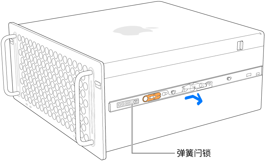 被从 Mac Pro 侧面卸下的导轨。