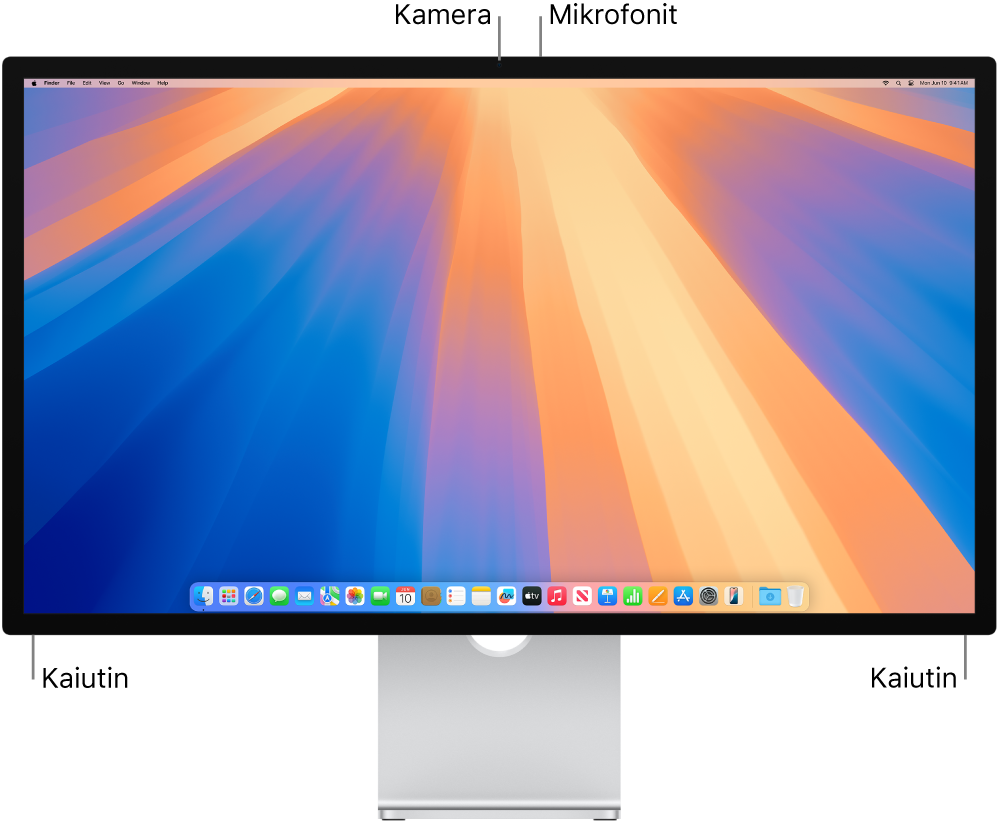 Näkymä Studio Displayn etupuolelta, jossa näkyy näyttö, kamera, mikrofonit ja kaiuttimet.