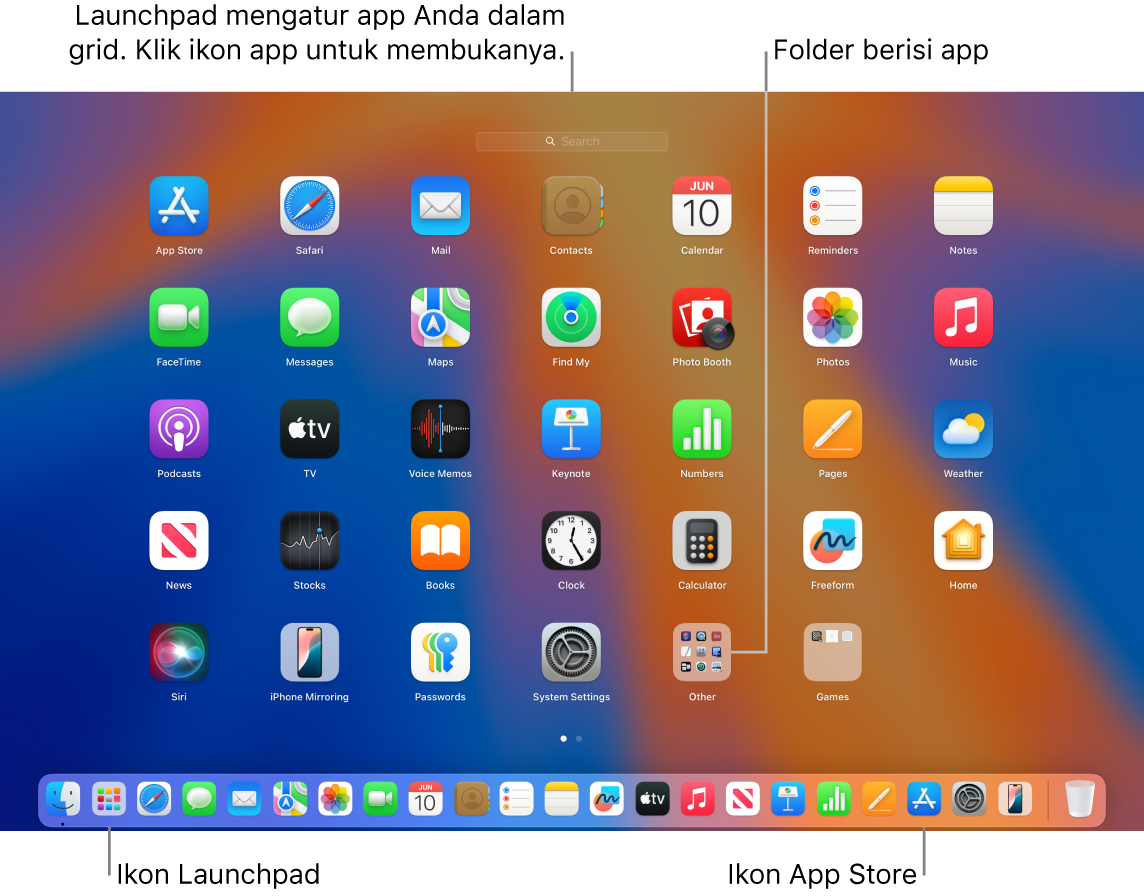 Layar Mac dengan Launchpad terbuka, menampilkan folder app di Launchpad, dan ikon Launchpad dan App Store di Dock.