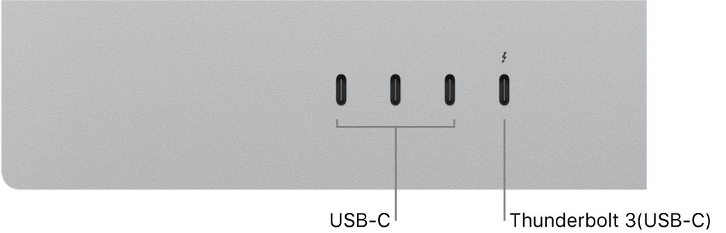 왼쪽에 세 개의 USB-C 포트 및 오른쪽에 Thunderbolt 3(USB-C) 포트를 보여주는 Studio Display의 후면 클로즈업.