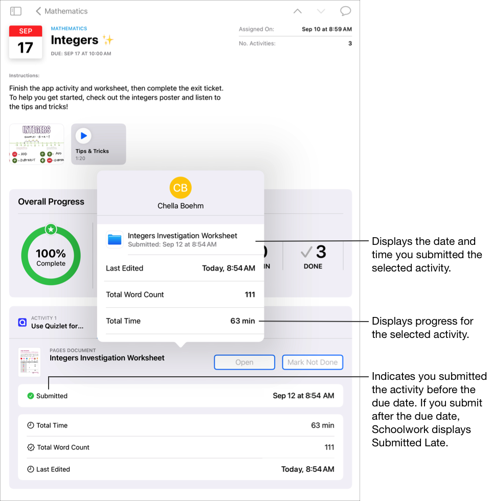 En eksempeloppgave, Integers (Heltall), for en matteklasse. Individuell aktivitetsframdrift vises i popup-panelet for den valgte aktiviteten sammen med tidspunktet du leverte aktiviteten, eller det står at den ikke er levert ennå.  Skolearbeid viser Levert, som betyr at du har levert aktiviteten før tidsfristen. Hvis du leverer etter tidsfristen, viser Skolearbeid Sen levering.