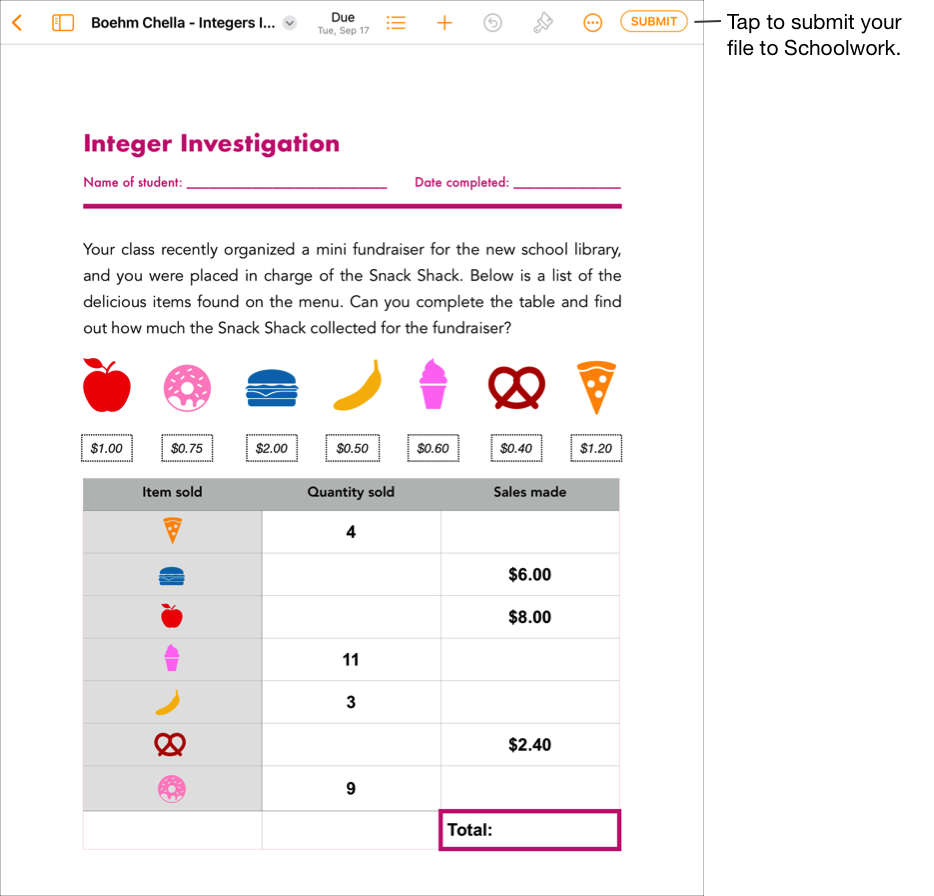 Exempel på en studerandes samarbetsfil. När dokumentet är klart att lämna in till Skolarbete trycker studeranden på Skicka uppe till höger i fönstret för iWork-appen Pages.