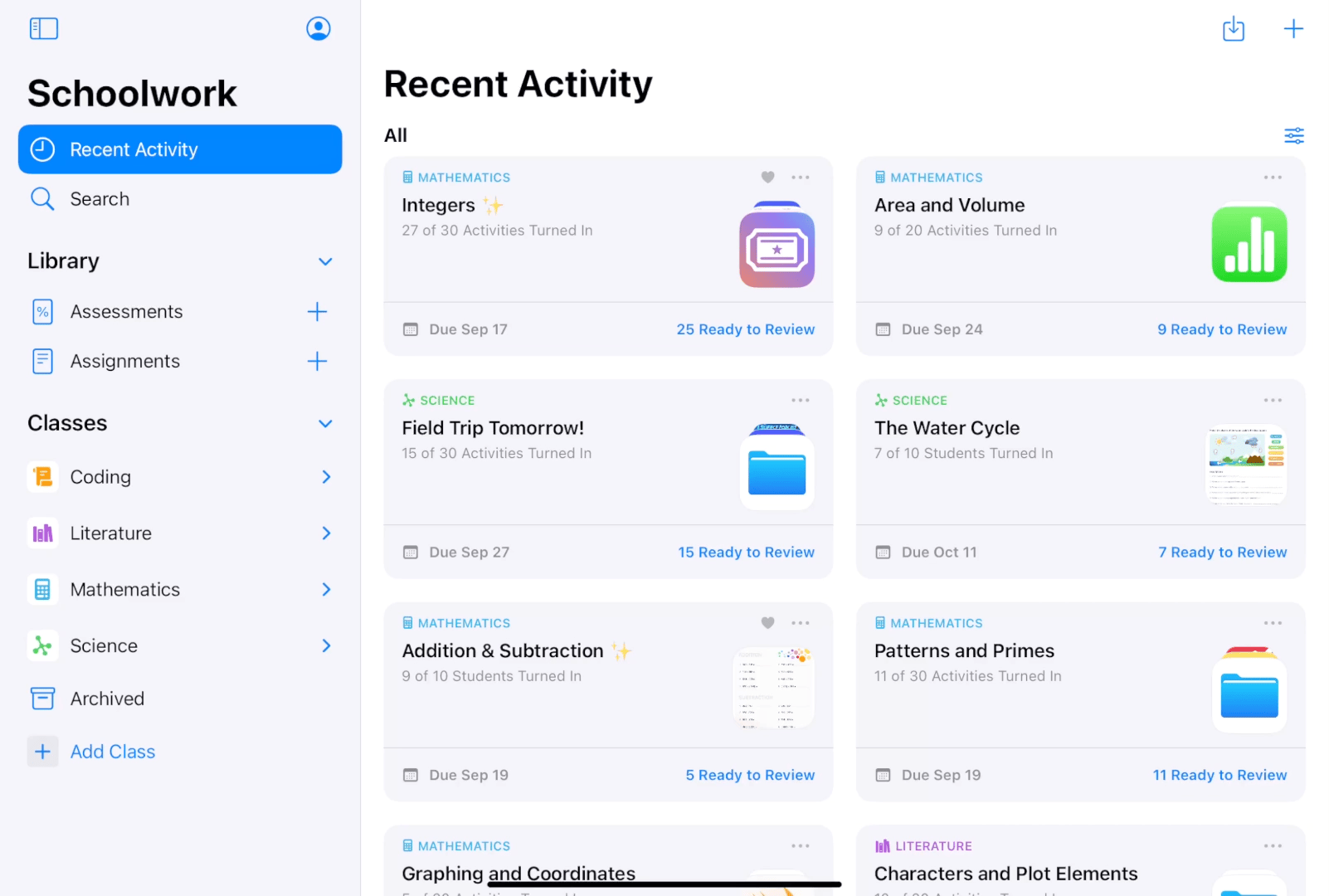 A sample GIF file showing how to view assignment and activity progress in Schoolwork.