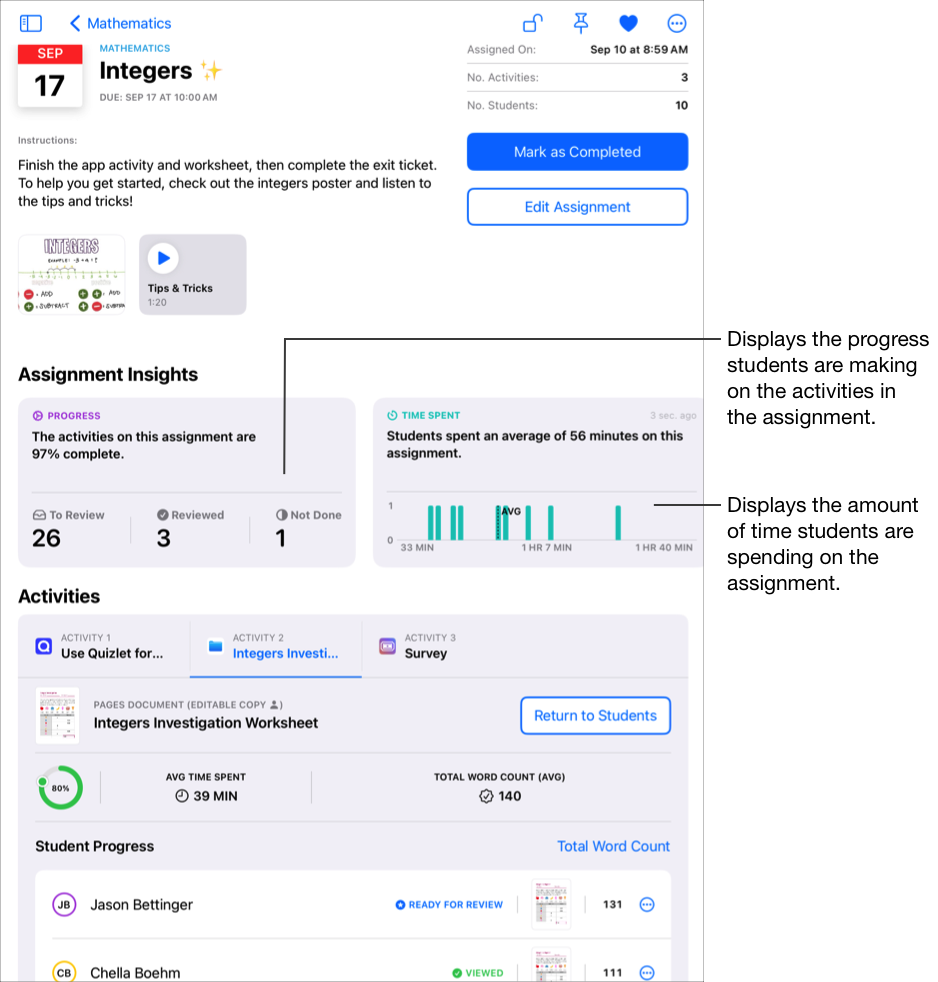 Un exemple d’affichage des détails d’un devoir montrant les données de progression détaillées pour l’activité sélectionnée, y compris le pourcentage de l’activité terminé, le temps moyen passé dessus et la moyenne du total du nombre de mots pour la classe. La fiche d’aperçu de la progression affiche les progrès réalisés par les élèves dans le cadre des activités du devoir. La fiche d’aperçu du temps passé indique le temps consacré par les élèves à un devoir.