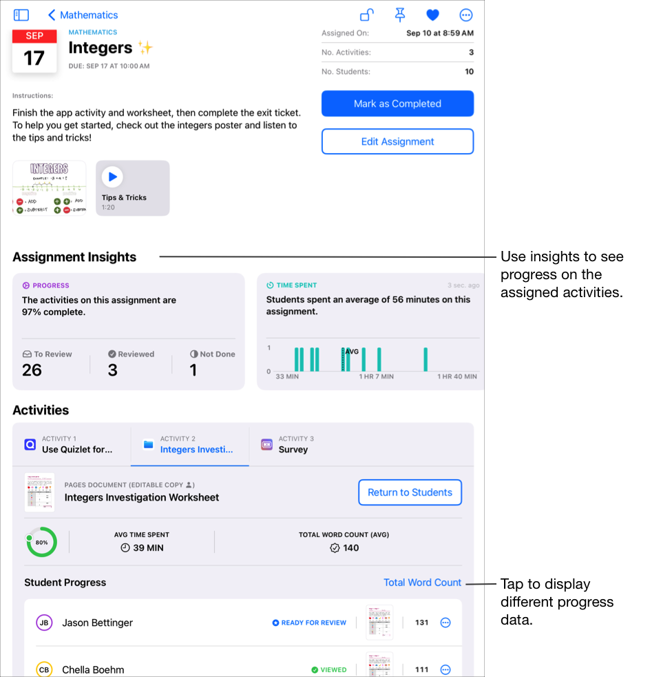 Exempel på vy med uppgiftsdetaljer som visar detaljerade förloppsdata för den valda aktiviteten, såsom andel procent som slutförts, genomsnittlig tid som ägnats åt aktiviteten och det genomsnittliga totala antalet ord för klassen. I vyn Elevförlopp visar Skolarbete förloppsöversikten för den valda aktiviteten när förloppsdata för minst en elev har skickats in. Om du vill visa andra förloppsdata trycker du på den aktuella filterlänken.  Använd insikter för att se hur det går för eleverna i de tilldelade aktiviteterna.