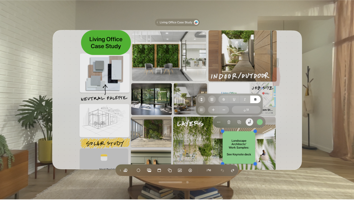 تطبيق المساحة الحرة على Apple Vision Pro، تظهر به لوحة مفتوحة مع شريط الأدوات في الأسفل. تظهر ملاحظة لاصقة مع خيارات التنسيق.