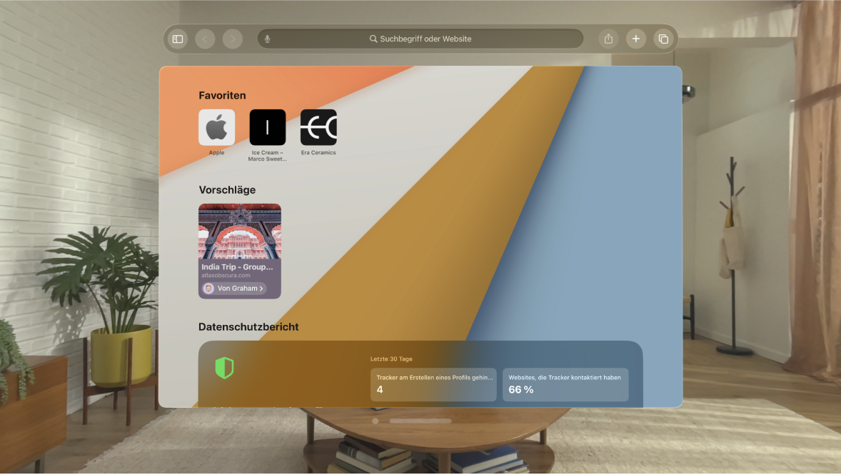 Die App „Safari“ auf der Apple Vision Pro mit der Startseite, die einige Favoriten-Websites und den Bereich „Mit dir geteilt“ enthält.