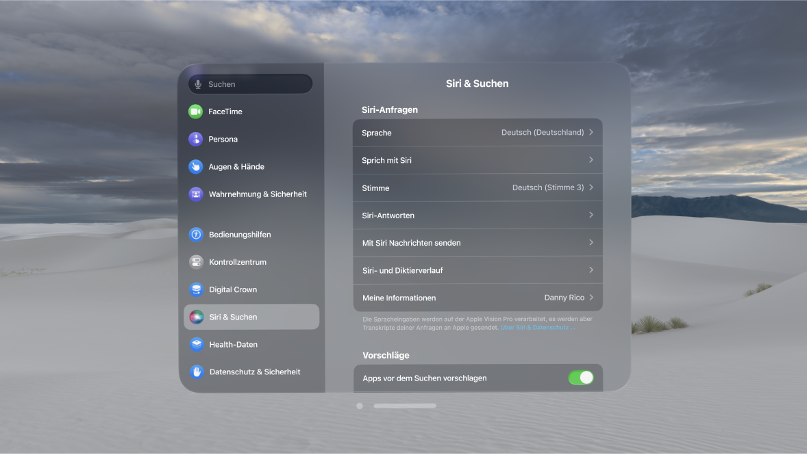 Die Einstellungen für „Siri & Suchen“ auf der Apple Vision Pro. Du kannst ändern, wann Siri antwortet, mit welcher Stimme Siri spricht und mehr.
