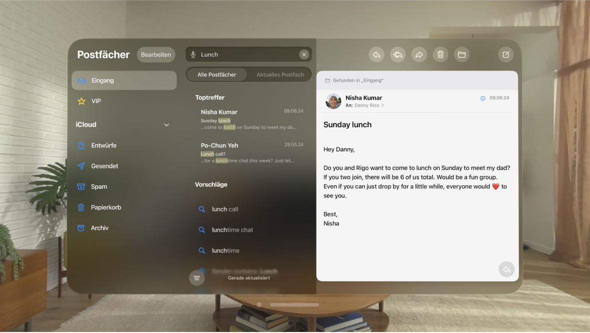 Die App „Mail“ auf der Apple Vision Pro mit einem Suchfeld und einer E-Mail, die den Suchkriterien entspricht.